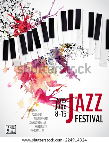 Jazz music festival, poster background template. Keyboard with music notes. Layers (background, texture, keyboard, text). Vector design. 