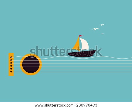 Musical illustration with concept guitar, boat and birds in the sky 