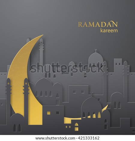 Ramadan greetings paper cut background. View of arabian city with mosque and golden moon made from paper. Ramadan kareem greeting vector background Photo stock © 