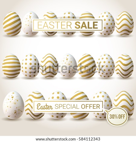  Easter SALE vector banners. Minimalistic vector template design with golden eggs. Easter special offer. 