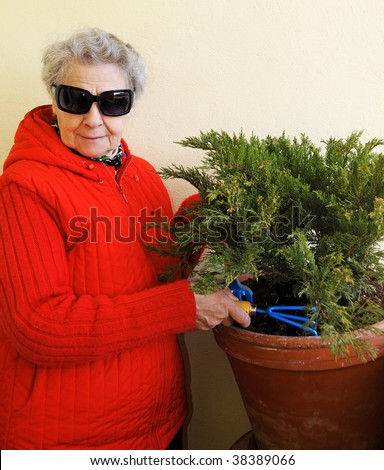 Granny with sunglasses grows plant