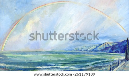 storm at sea with a rainbow