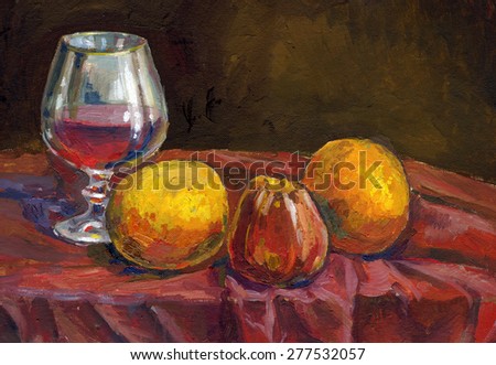 glass of wine and fruits painting
