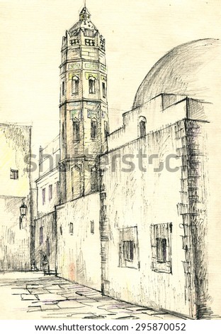 minaret in the Arab town sketch