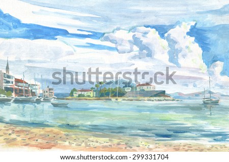 landscape with city, sea and sky paintings