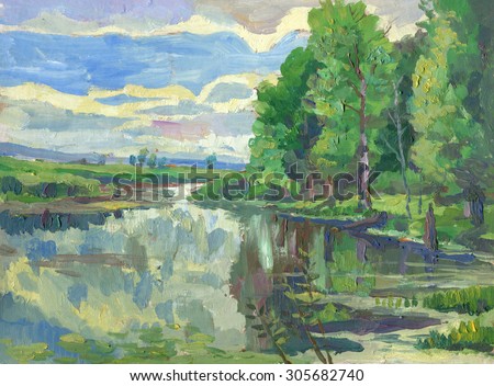 summer landscape with a lake and trees painting