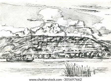 landscape with mountain and sky and the ship sketch