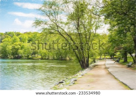 Pedestrian walkway for exercise lined up with beautiful tall trees with colored pencil