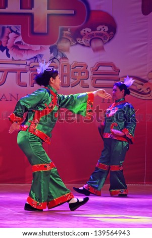 LUANNAN COUNTY - FEBRUARY 22: During the Chinese Lantern Festival evening party, Shadow dance performance in the stage, on February 22, 2013, Luannan County, Hebei Province, China.