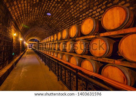Oak barrels in wine cellars, Changli County, Hebei Province, China Stockfoto © 