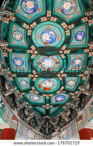 BEIJING - JANUARY 17: Paint of ceiling in the Wan Shou Pavilion, in the temple of heaven park, on January 17, 2014, Beijing, China.