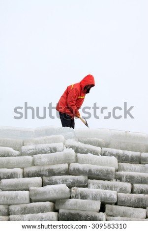 LUANNAN COUNTY - JANUARY 24: Farmers arrange ice cubes on embacle in the winter on January 24, 2015, Luannan County, Hebei Province, China