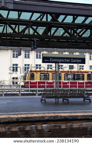 BERLIN, GERMANY - NOVEMBER 13, 2014 : Train in  Berlin Zoologischer Garten (Bahnhof ZOO) railway station. Zoo was the main train station in West Berlin during the Cold War.