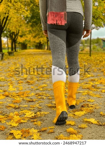 Similar – Image, Stock Photo unrecognizable woman wearing yellow raincoat preparing hammock to relax. Camping outdoors. autumn season