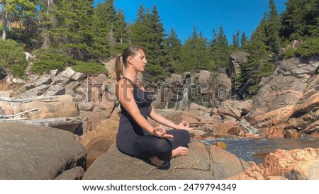 Similar – Image, Stock Photo Woman on stony seashore looking on foamy water washing peaks