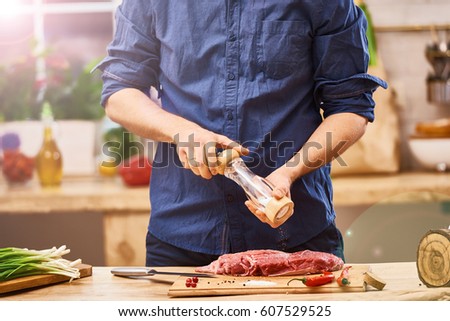 Similar – Image, Stock Photo Woman seasoning food with salt