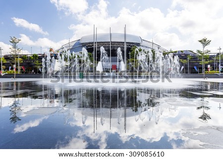 SINGAPORE - FEBRUARY 28, 2015: Day scene of Singapore National Stadium. Singapore National Stadium is a 55,000 seats multi-purpose arena which has a retractable roof.