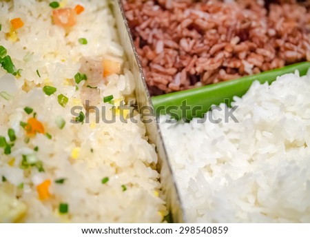 Variety of rice, fried rice, brown rice and white rice