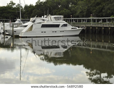 Boat docked in Shelter Cove Marina on Hilton Head Island, South Carolina.
