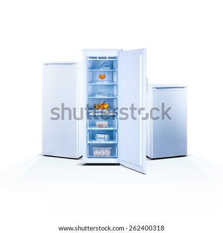 Three freezers on white background, open, front view, with food, isolated, ecology