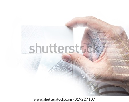 Double exposure of a man\'s hand with business card