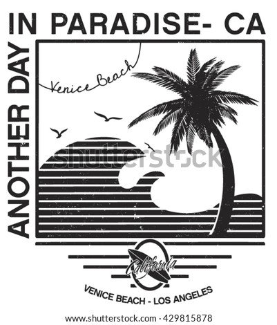 California West Coast. Surfrider beach. T-shirt apparel print graphics. Original graphic Tee. Handmade Palms trees retro style. T-shirt graphic vintage vector illustration badge label logo template.