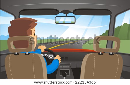 Man driving a car through a peaceful landscape with sunshine in the horizon