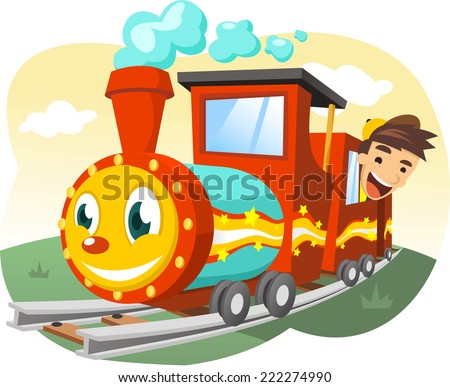 Cartoon Illustration Of A Little Boy Riding A Real Size Toy Train ...