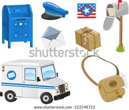 Mail Set, Post Box, Postal Stamp, Envelope, Package, Bag, Van. Vector illustration cartoon.