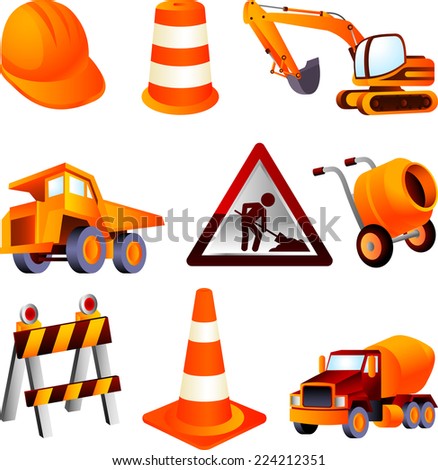 Construction equipment, dump truck, cement mixer, construction, barrel, cone, helmet, truck, lifting truck, drum. Vector Illustration Cartoon.