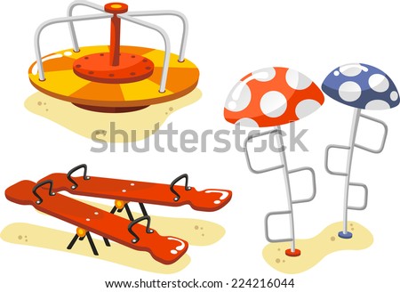 Park Playground Equipment set for Children Playing Stations, with seesaw, alternation, Merry-Go-Round and ascent game vector illustration.