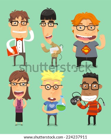  Fun Nerd and Geek set of character cartoon Illustrations