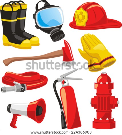 Fire-fighter elements set collection, including boots, mask, helmet, axe, gloves, hose, fire extinguisher, megaphone vector illustration.