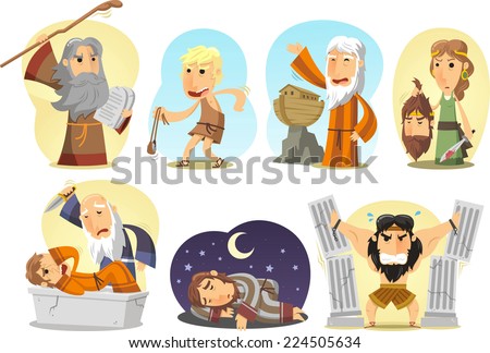 Old Testament, torah or jewish bible,  main characters featuring Samson, Noah, Moses, Judith, David, Joseph and Abraham. Vector cartoon illustrations