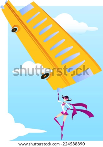 Superhero flying woman saving school bus from falling, with white and purple hero costume and bus vector illustration. 
