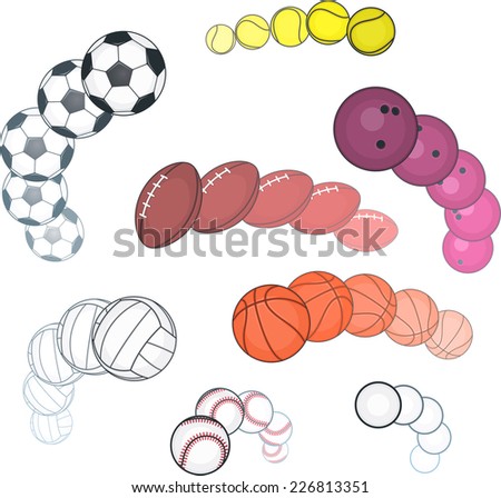 Ball collection, with Football ball, Basket ball, Tennis ball, Softball ball, Golf ball, Rugby ball, Volley ball, Bowling ball. Vector illustration cartoon.