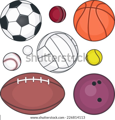 Ball collection, with Football ball, Basket ball, Tennis ball, Softball ball, Golf ball, Rugby ball, Volley ball, Bowling ball. Vector illustration cartoon.