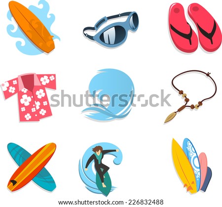 Surfer icon set, with surf board, sunglasses, flip flop, Hawaiian shirt, ocean, wave, ocean wave, necklace, boards, surfer, surfing. Vector illustration cartoon. 