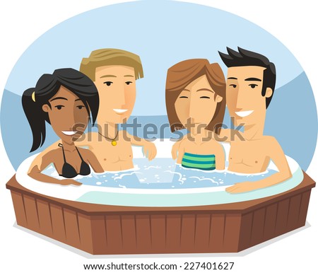 People enjoying Jacuzzi Hot Tub Bath Spa, vector illustration cartoon.