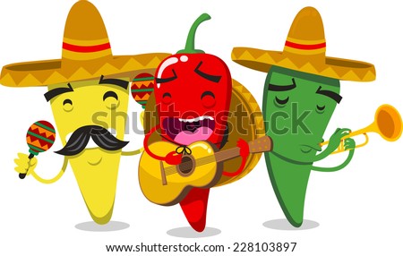 Chili Peppers as Mariachi Mexican Musicians vector illustration.