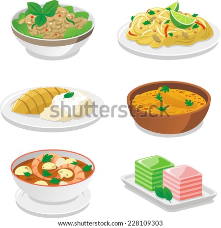 Thai food dishes vector cartoon illustrations