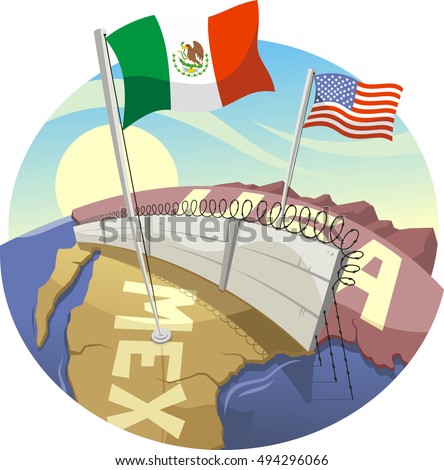 cartoon border wall between mexico and the united states illustration