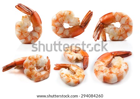 Collage of Cooked shrimp isolated on white background.