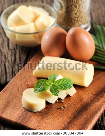egg tofu on block wood sliced for healthy