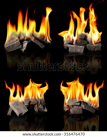 Collection of Hot Charcoal with fire,dark background