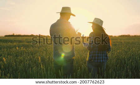 Farmer and businessman talking, working in wheat field, making deal, using tablet. Agricultural business concept. Growing food. Companions, work colleagues. Wheat field. Senior farmer and woman farmer