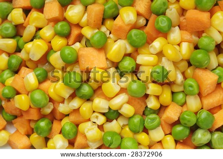 A closeup of a plate with mixed carrots, corn and peas
