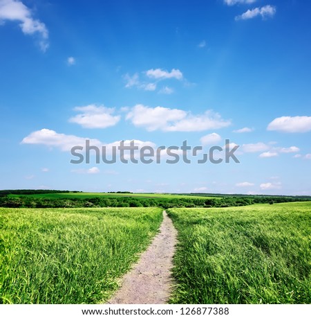 Similar – Foto Bild Wiesen und Feldweg mit rotweißen Absperrband