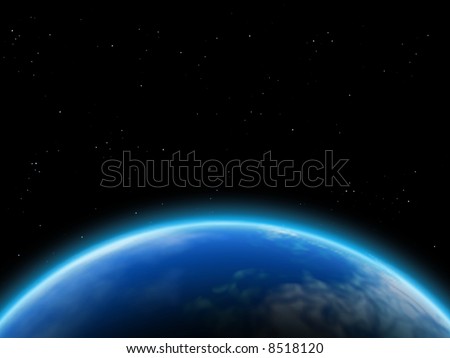A planet\'s horizon, with a shiny atmosphere. A black space background with stars. Great for background.