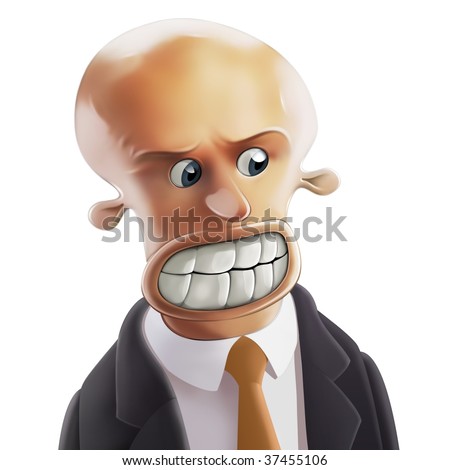 Furious bald-headed Businessman with big teeth and round eyes